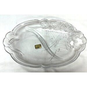 Mikasa Crystal Christmas Holiday Oval Platter With Embossed Holly & Bell Design